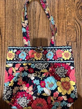 Vera Bradley Navy Floral Tote with Multi-Color Blooms
